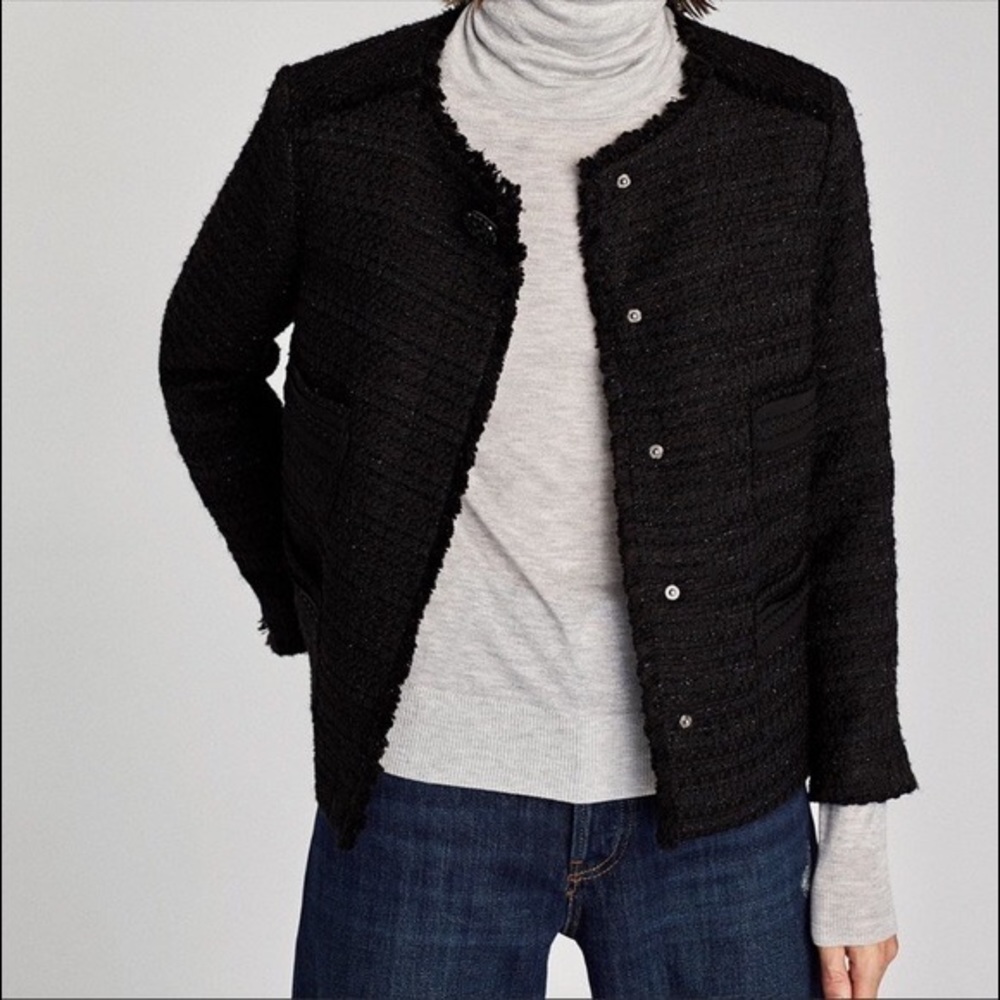Zara Black Textured Weave Blazer Gem Button Size Small